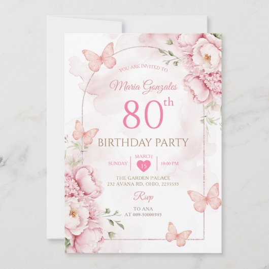 優雅なピンクの花と蝶の80歳の誕生日 招待状 (正面)