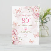 優雅なピンクの花と蝶の80歳の誕生日 招待状 (スタンド正面)