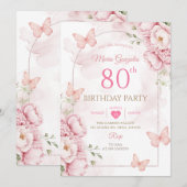 優雅なピンクの花と蝶の80歳の誕生日 招待状 (正面/裏面)