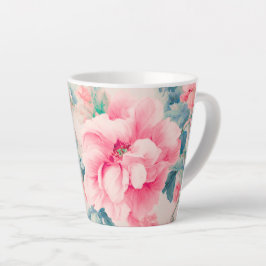 優雅なピンクの花と青緑の葉 カフェラテマグ
