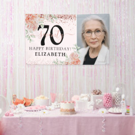 優雅なピンクの花の70歳の誕生日写真 横断幕