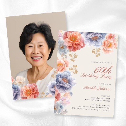 優雅なピンクの花柄の60歳の誕生日 招待状