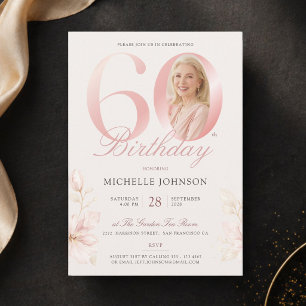 優雅なピンクの花柄フォト 60歳の誕生日 招待状