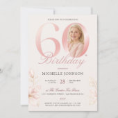 優雅なピンクの花柄フォト 60歳の誕生日 招待状 (正面)