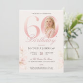 優雅なピンクの花柄フォト 60歳の誕生日 招待状 (スタンド正面)