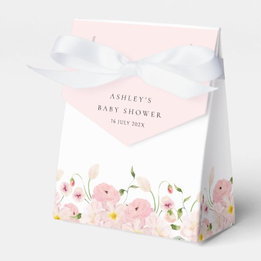 優雅なピンクの花柄ベビーシャワー フェイバーボックス (正面サイド)
