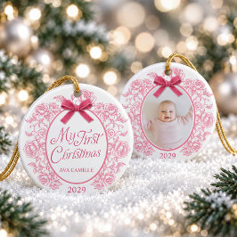 優雅なピンクの花柄 マイ・ファースト・クリスマス 写真 セラミックオーナメント