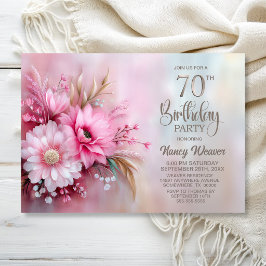 優雅なピンクの花柄 70歳の誕生日パーティー 招待状