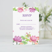 優雅なピンクの蓮の花の水彩フラワーRSVPカード 出欠カード (スタンド正面)