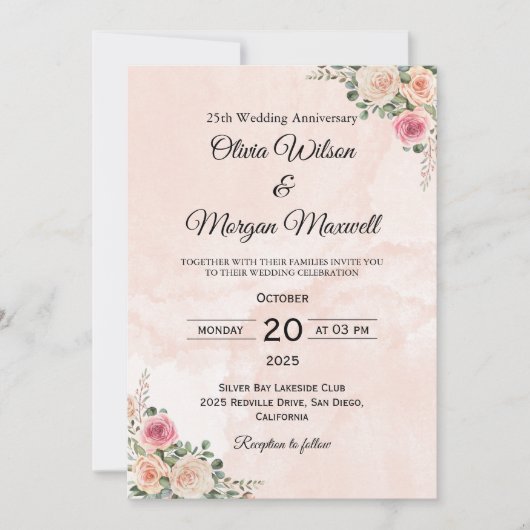 優雅なピンククリームのフラワーモチーフの結婚記念日  招待状 (正面)