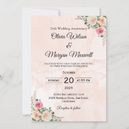 優雅なピンククリームのフラワーモチーフの結婚記念日  招待状