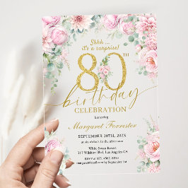 優雅なピンクゴールドの花柄 80歳の誕生日サプライズ アクリル招待状