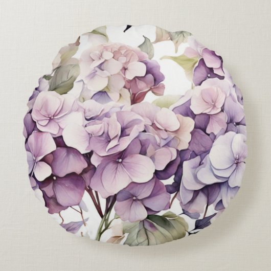 優雅なピンクパープルの水彩アジサイ ラウンドクッション (正面)