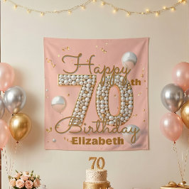 優雅なピンクパールの輝きとゴールドの70歳の誕生日パーティー タペストリー