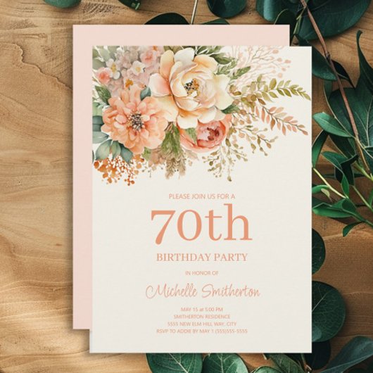 優雅なピーチクリームの花の70歳の誕生日 招待状