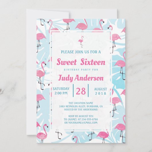 優雅なフラミンゴとモンステラ葉の 招待状 (正面)