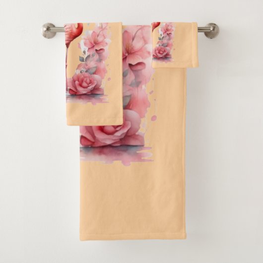 優雅なフラミンゴの散歩 | ピンクウォーターカラーアート バスタオルセット (インサイチュ)