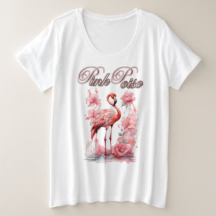 優雅なフラミンゴの散歩 花びら&ピンクアート プラスサイズTシャツ