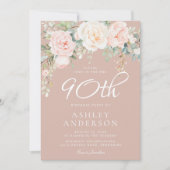 優雅なフラワーデザインの90歳誕生日パーティー(ソフトピンク&ホワイト) 招待状 (正面)