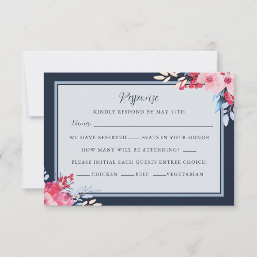 優雅なフローラピンクと埃っぽいブルー結婚ズ 出欠カード (正面)