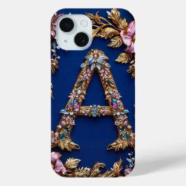 優雅なフローラルフレームと金の文字A iPhone 15ケース