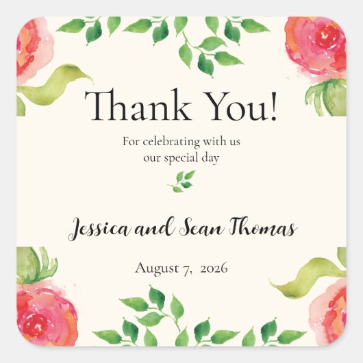 優雅なフローラ結婚の感謝 スクエアシール (正面)