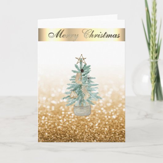 優雅なボケフォーカスの金箔風+水彩クリスマスツリー シーズンカード (正面)
