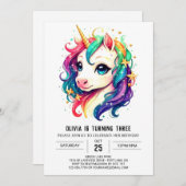 優雅なモダンユニコーン誕生日 招待状 (正面/裏面)