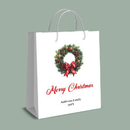優雅なモミのリースのクリスマスギフトバッグ 水彩画 ミディアムペーパーバッグ