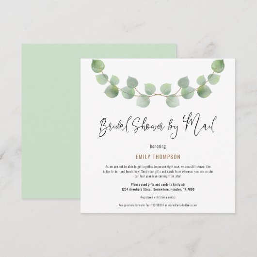 優雅なユーカリのスクリプト 郵送で楽しむブライダルシャワー 招待状 (正面/裏面)