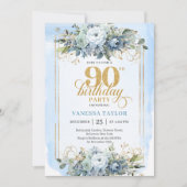 優雅なライトブルーゴールドフレーム90歳の誕生日   招待状 (正面)