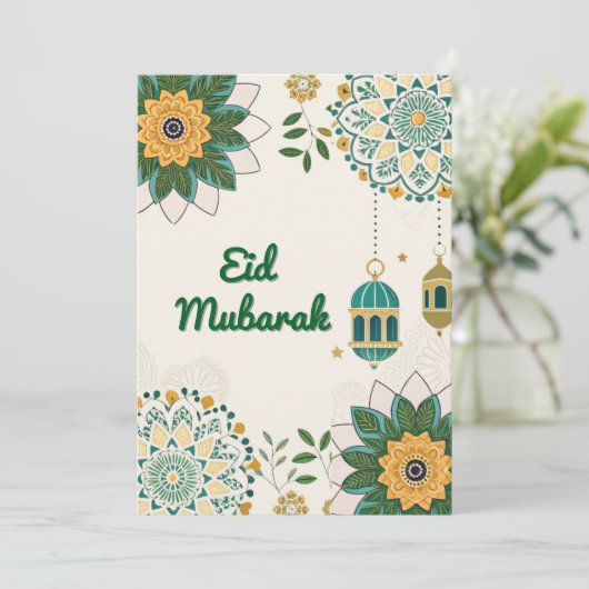 優雅なランタンと花模様のEid Mubarakカード シーズンカード (スタンド正面)