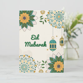 優雅なランタンと花模様のEid Mubarakカード シーズンカード