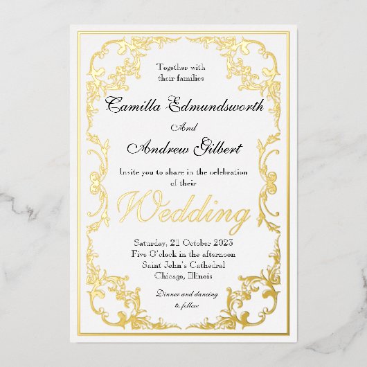 優雅なリージェンシーゴールドの装飾的な結婚式の枠線 箔招待状 (正面)