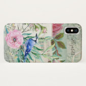 優雅なルリツグミの鳥 ビンテージのピンクの花と名前 Case-Mate iPhoneケース (裏面(横))