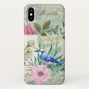 優雅なルリツグミの鳥 ビンテージのピンクの花と名前 iPhone X ケース