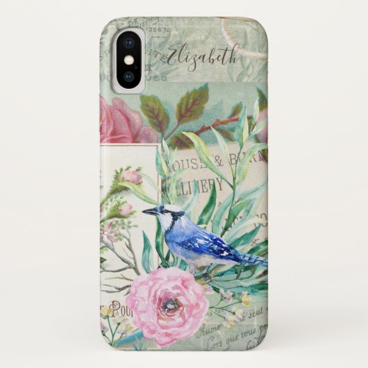 優雅なルリツグミの鳥 ビンテージのピンクの花と名前 Case-Mate iPhoneケース (裏面)