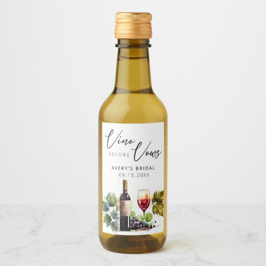 優雅なワインボトルラベル「誓いの前にヴィノ」水彩画 ブライダルシャワー ワインラベル (正面)