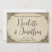 優雅なヴィンテージ結婚式のオフホワイトの羊皮紙 セーブザデート (正面)