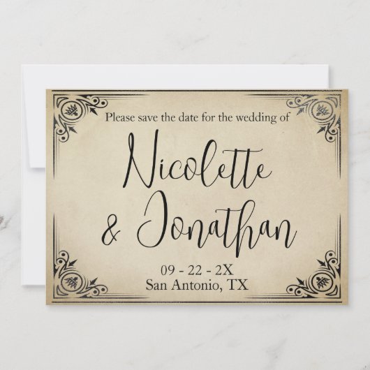 優雅なヴィンテージ結婚式のオフホワイトの羊皮紙 セーブザデート (正面)