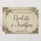 優雅なヴィンテージ結婚式のオフホワイトの羊皮紙 セーブザデート (正面/裏面)