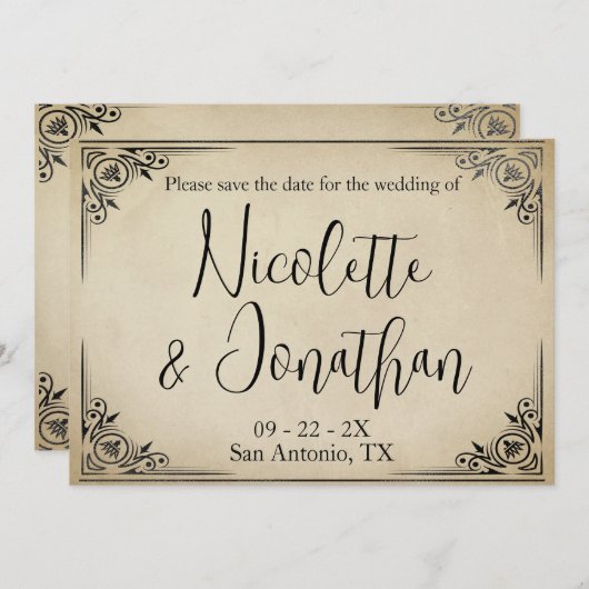 優雅なヴィンテージ結婚式のオフホワイトの羊皮紙 セーブザデート (正面/裏面)