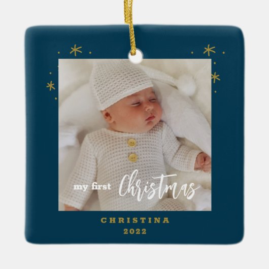優雅な両面タイプの赤ちゃんの初クリスマスの写真 セラミックオーナメント (正面)