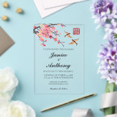 優雅な中国風の花と鳥のウェディング アクリル招待状 (インサイチュ (ウェディング))