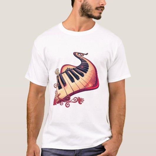 優雅な動きを表現したカーブを描くピアノ Tシャツ (正面)