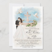 優雅な噴水と花嫁と花婿の結婚式 招待状 (正面)