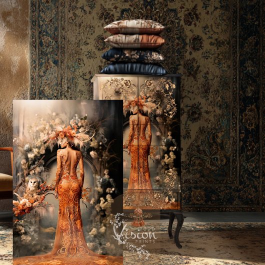 優雅な女性、フクロウと花の門構え、肖像画アート 薄葉紙