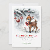 優雅な子鹿のほっこり水彩雪景色のクリスマスカード シーズンカード (正面)