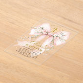 優雅な少女のクリスチャン洗礼 ピンクの花のヘアボウ アクリル招待状 (レイダウン)