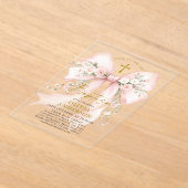 優雅な少女のクリスチャン洗礼 ピンクの花の飾りリボン アクリル招待状 (レイダウン)